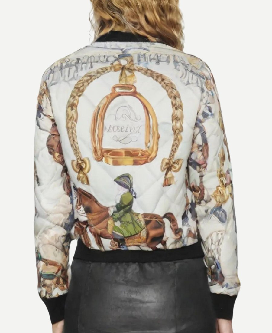 Lily Collins Emily In Paris S02 Emily Cooper Horse Print Silk Bomber Jacket Back