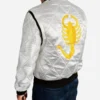 Ryan Gosling Drive Driver White Scorpion Bomber Jacket Side Pose