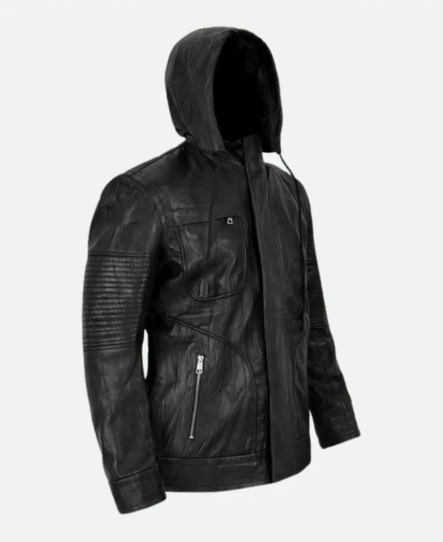 Tom Cruise Mission Impossible Ghost Protocol Ethan Hunt Black Leather Hooded Jacket side pose