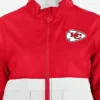 Taylor Swift New Era Kansa City Chiefs Red and White Windbreaker Jacket Front Close Up Image