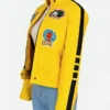 Uma Thurman Kill Bill The Bride Beatrix Kiddo Yellow Leather Motorcycle Jacket Side Pose