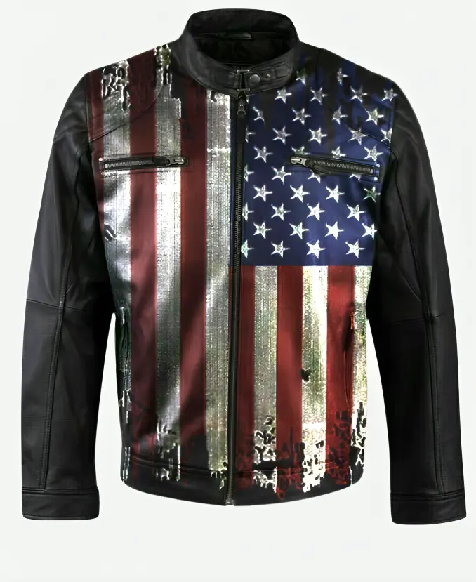 Vintage American Flag Black Leather Biker Jacket