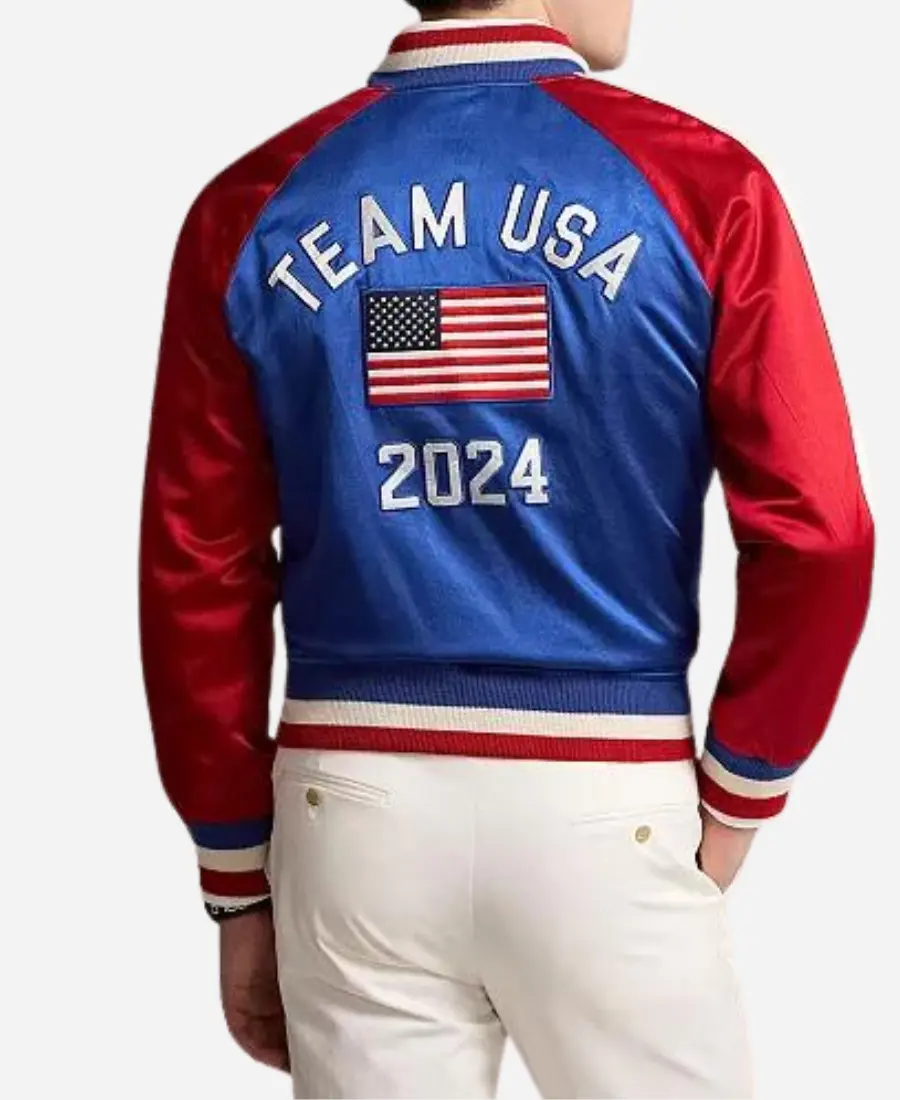 Jessica Chastain Paris 2024 Olympics Team USA Blue Satin Baseball Varsity Jacket Back