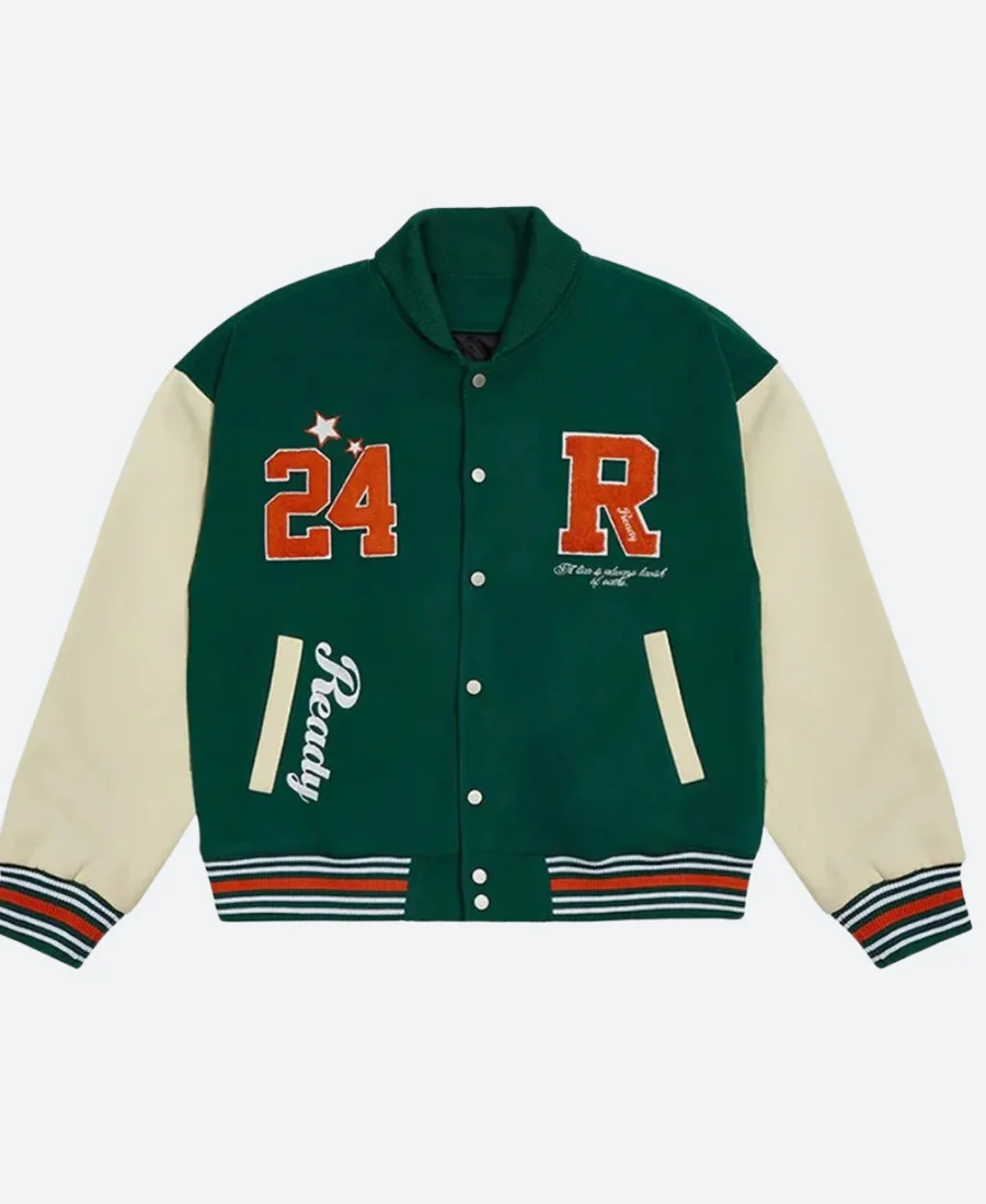 Green & White Letterman Varsity Jacket Front Iage