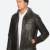 Classic Black Leather Jacket With Hood Side Image