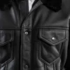 Classic Black Leather Shearling Trucker Jacket Front Image