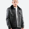 Classic Black Leather Shearling Trucker Jacket Front Image