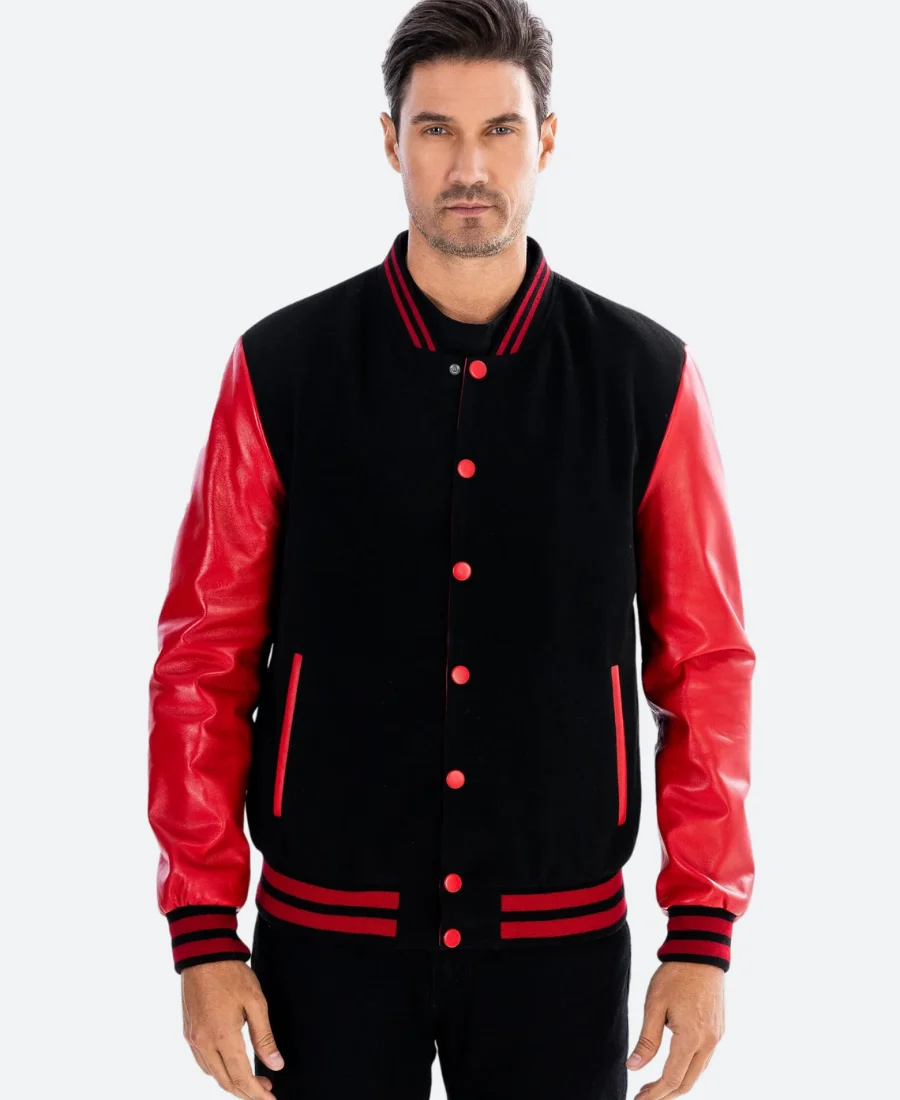 Classic Black & Red College Varsity Jacket Front Image
