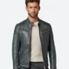 Classic Blue Leather Cafe Racer Jacket
