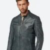 Classic Blue Leather Cafe Racer Jacket Front Image