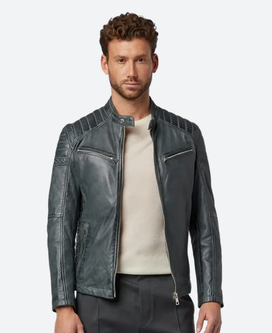 Classic Blue Leather Cafe Racer Jacket