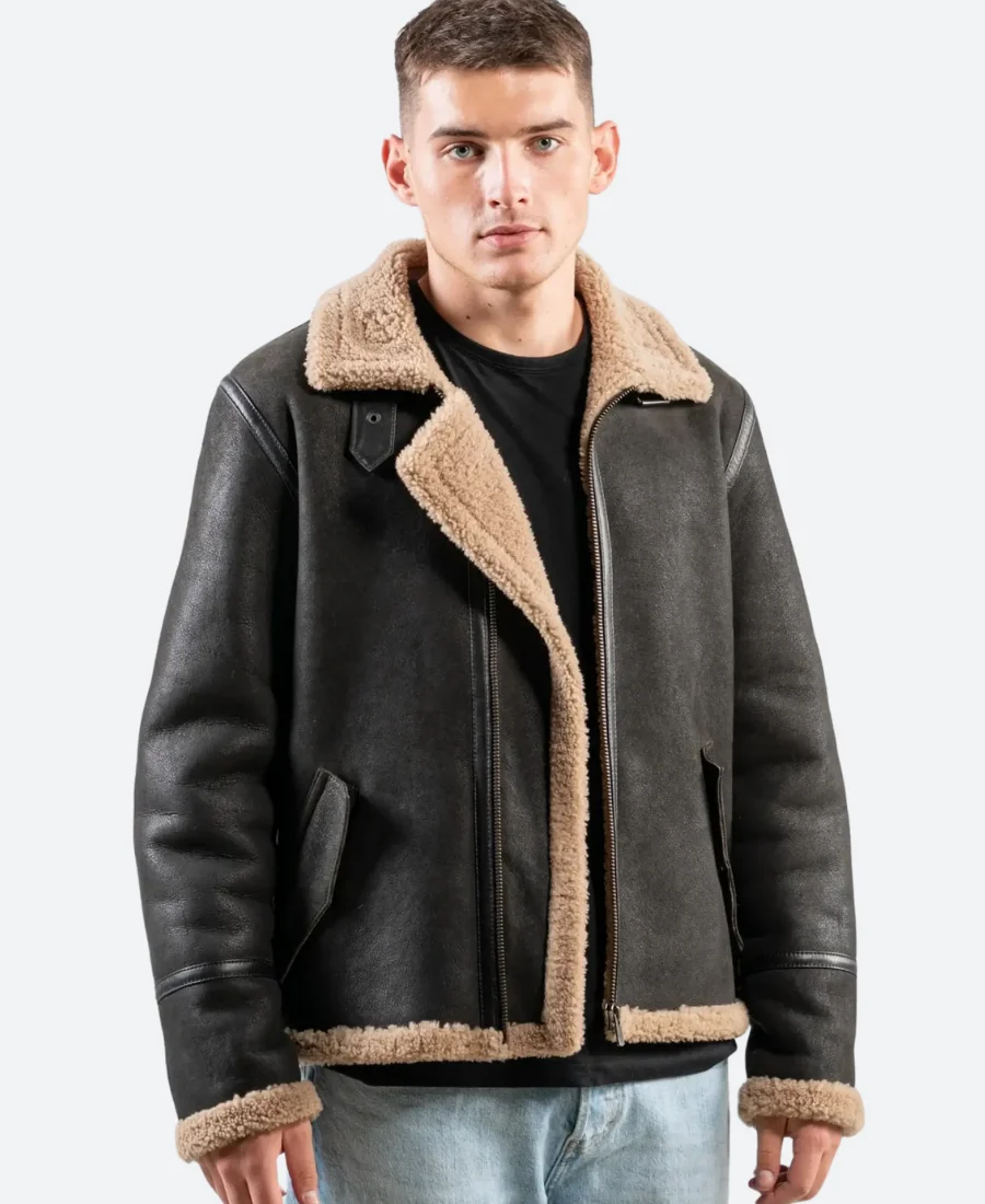 Classic Dark Brown Leather Shearling Aviator Jacket Front Image