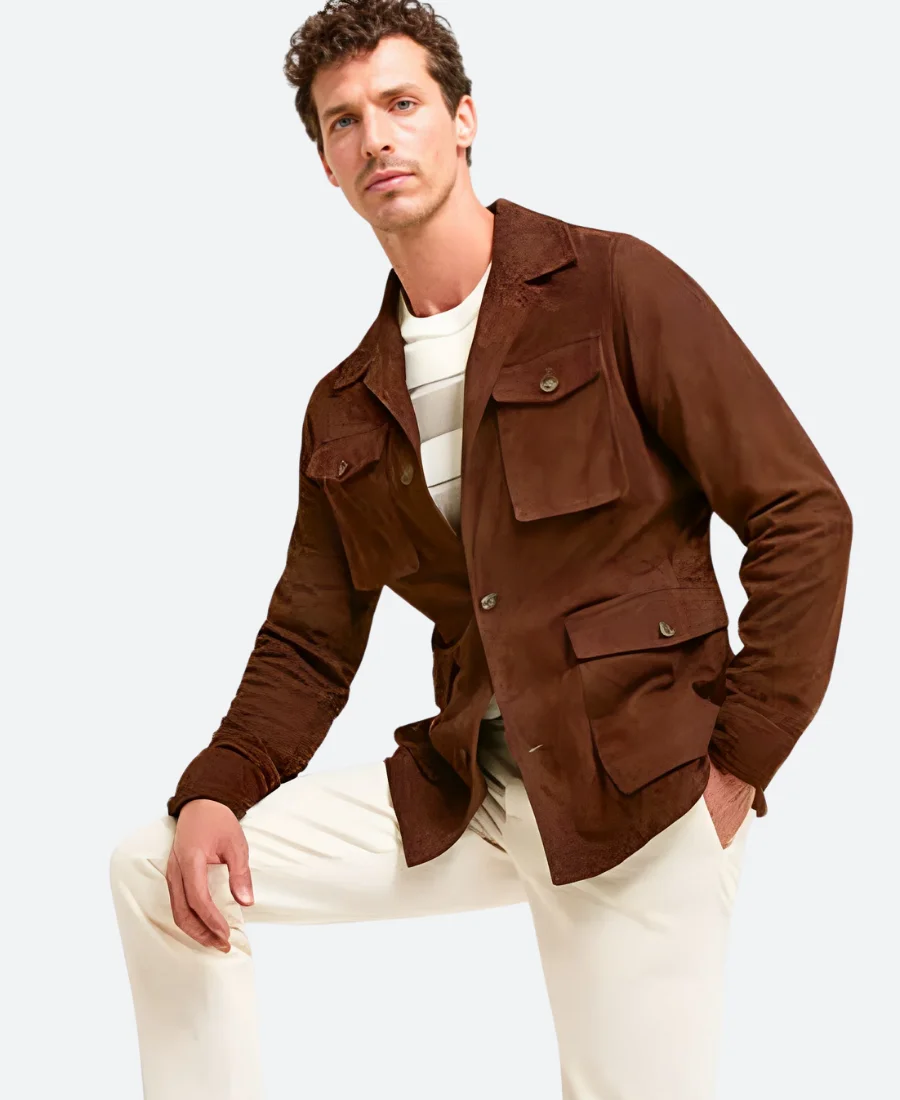 Classic Dark Brown Suede Leather Safari Jacket Front Image