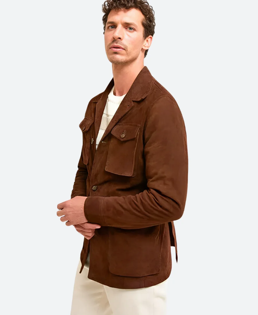 Classic Dark Brown Suede Leather Safari Jacket Sidfe Image