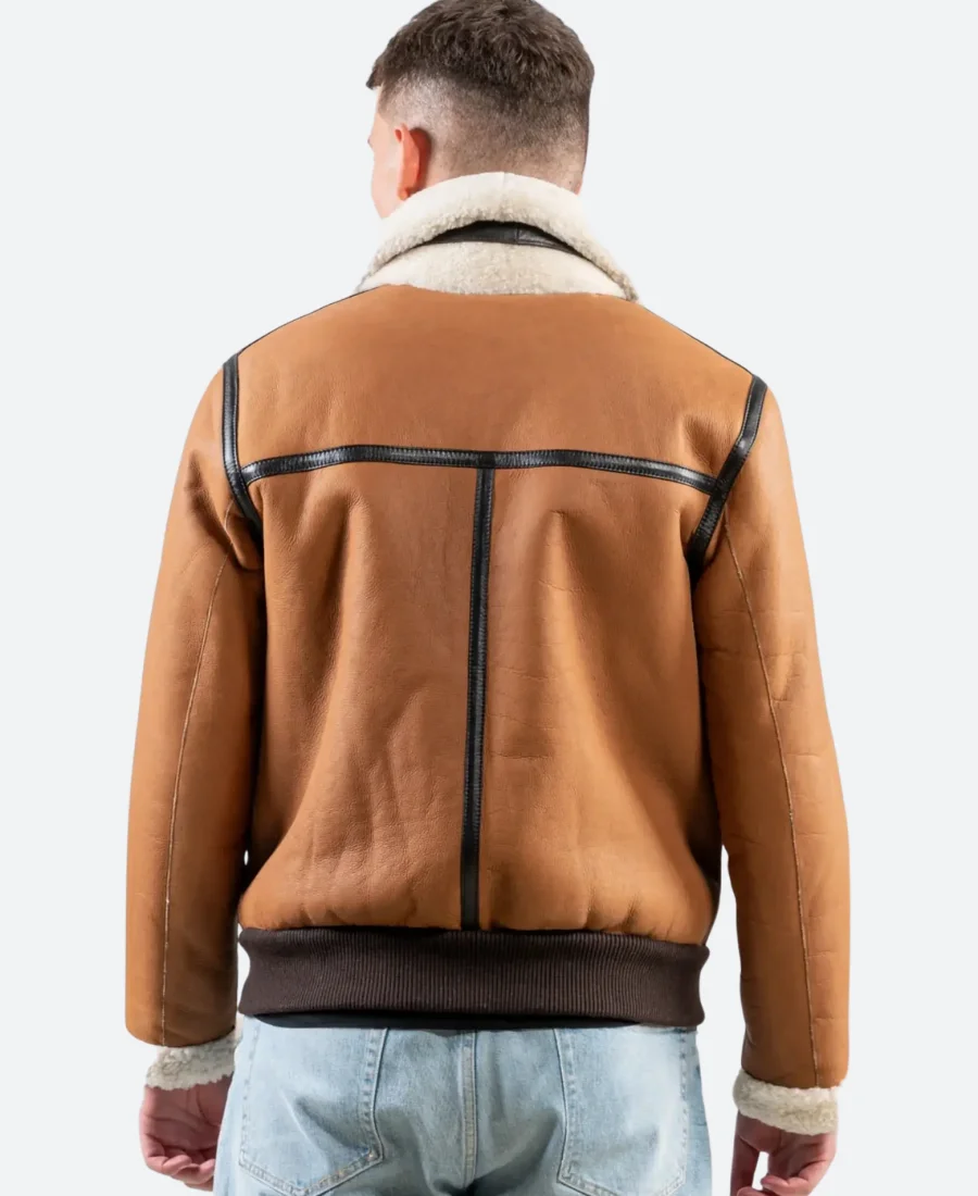 Classic Tan Brown Leather Shearling Aviator Jacket Baclkl image