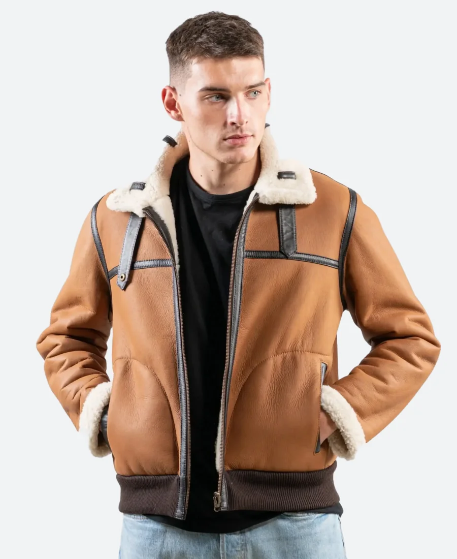 Classic Tan Brown Leather Shearling Aviator Jacket