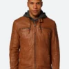 Classic Tan Hooded Leather Leather Jacket Front Image