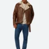 Classic Tan Leather Biker Jacket With Fur Collar