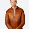 Classic Tan Leather Bomber Jacket Front Image (2)