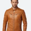 Classic Tan Leather Cafe Racer Jacket Front Image