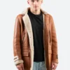 Classic Tan Leather Hooded Shearling Trench Coat front Image