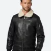 John Black Leather Bomber Jacket With Shearling Collar Front image