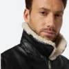 John Black Leather Bomber Jacket With Shearling Collar Zoom Image